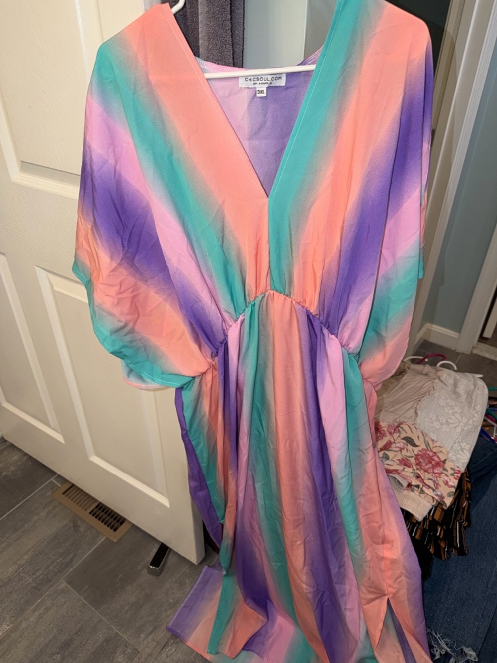 CHICSoul Ombre V-Neck Maxi Dress in Coral, Teal & Lavender - Picture 1 of 2